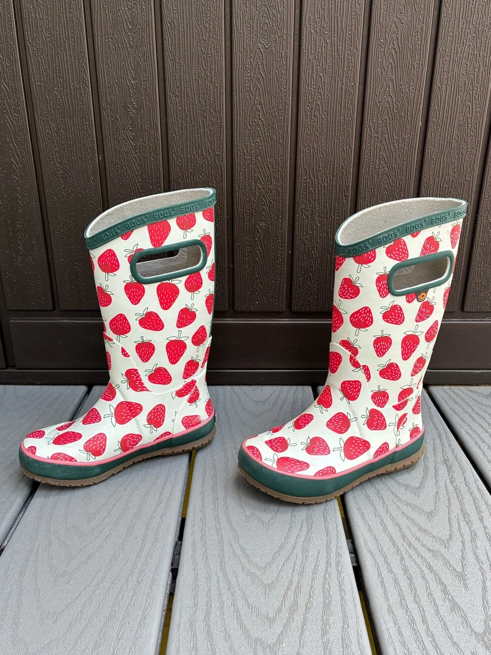 BOGS Kids Rain Boots Strawberry Print White Red Green Size 12